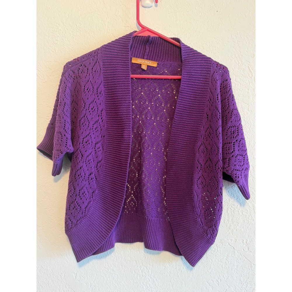 Ellen Tracy Purple Pointelle Knit Open Front Cardigan Cotton Short Sleeve M